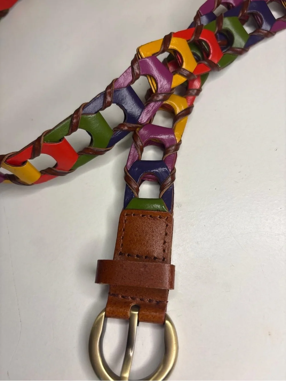 Multicolor Braided Leather Women's Belt with Gold-Tone Buckle